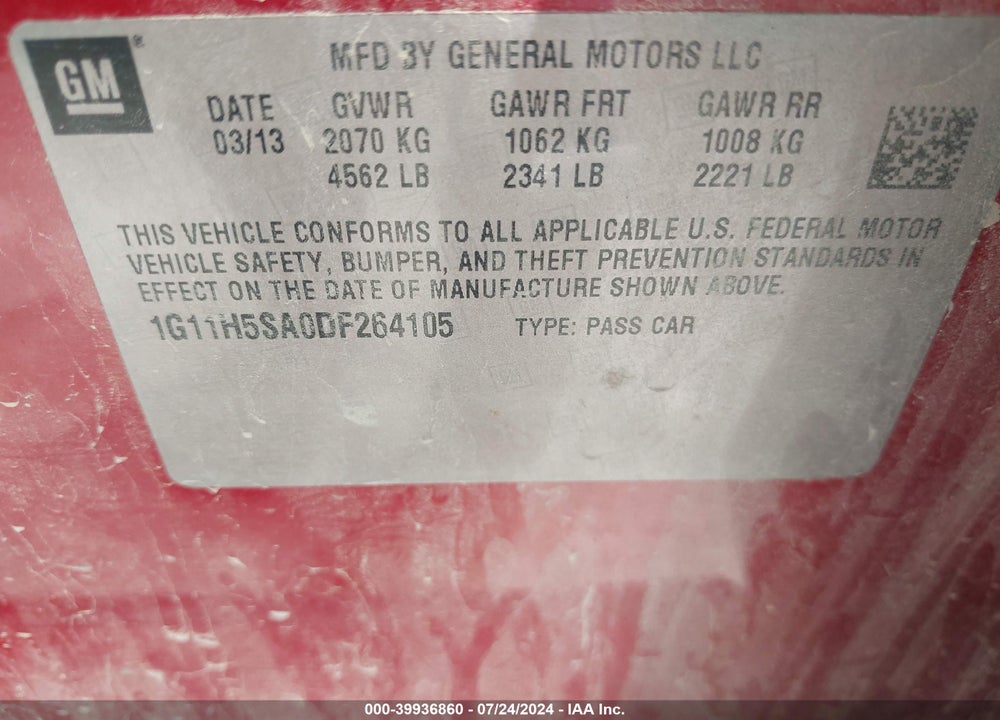2013 CHEVROLET MALIBU 1LZ VIN: 1G11H5SA0DF264105