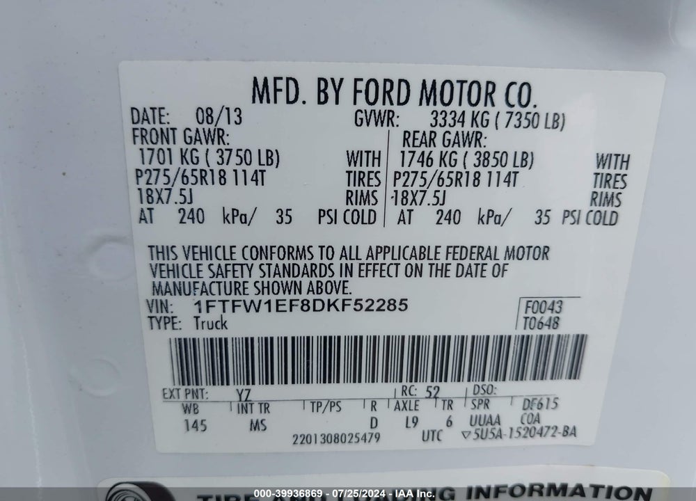 2013 FORD F-150 XLT VIN: 1FTFW1EF8DKF52285