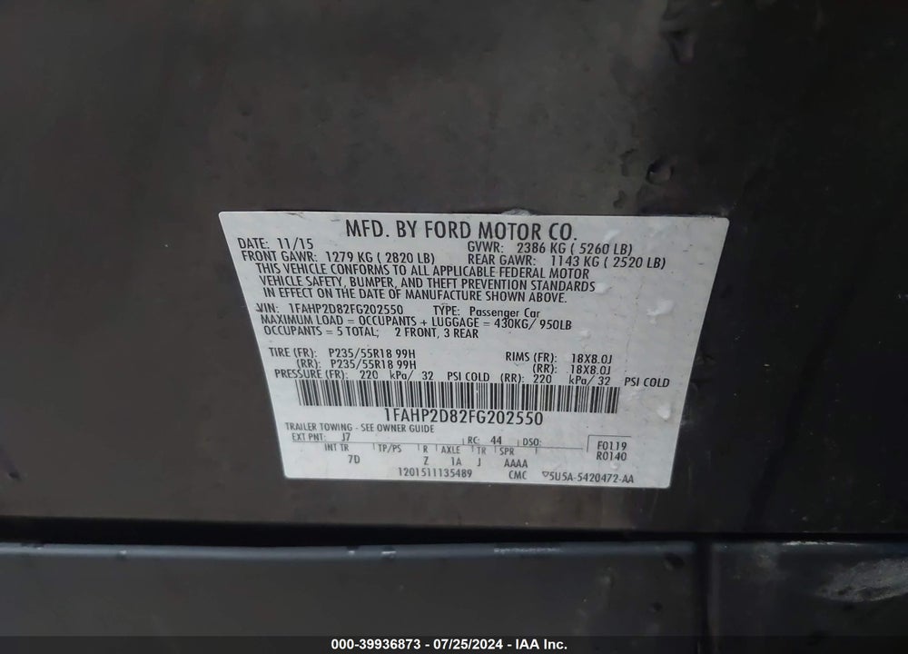 2015 FORD TAURUS SE VIN: 1FAHP2D82FG202550