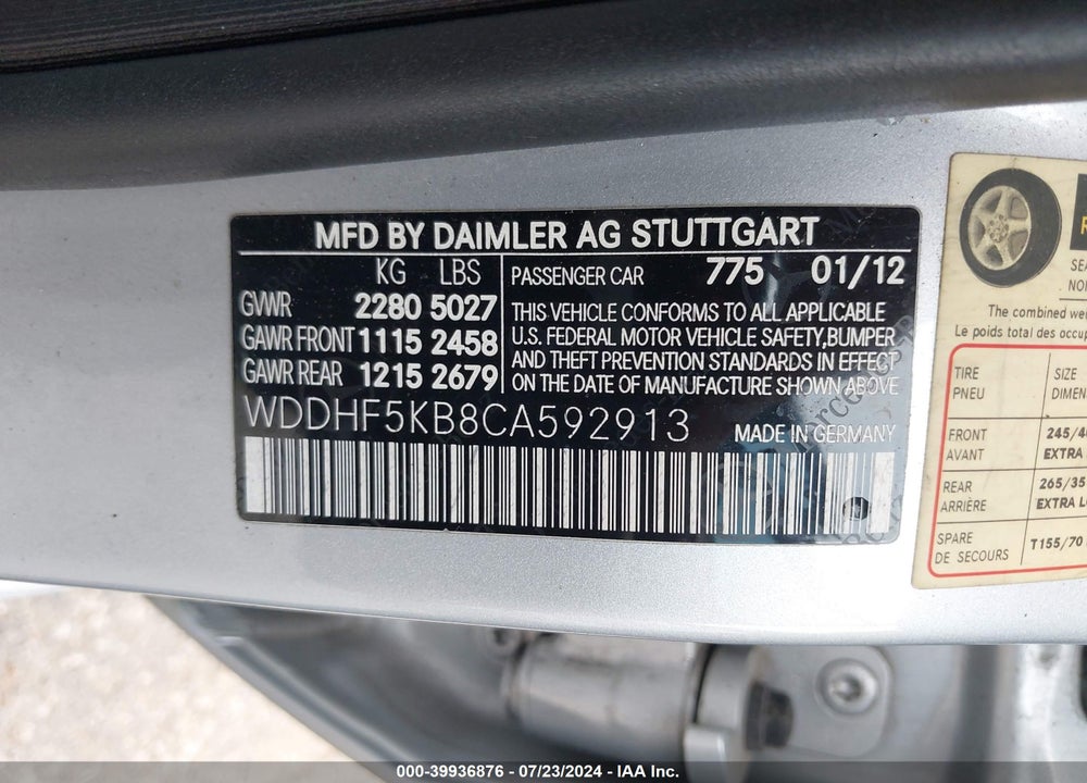 2012 MERCEDES-BENZ E 350 VIN: WDDHF5KB8CA592913