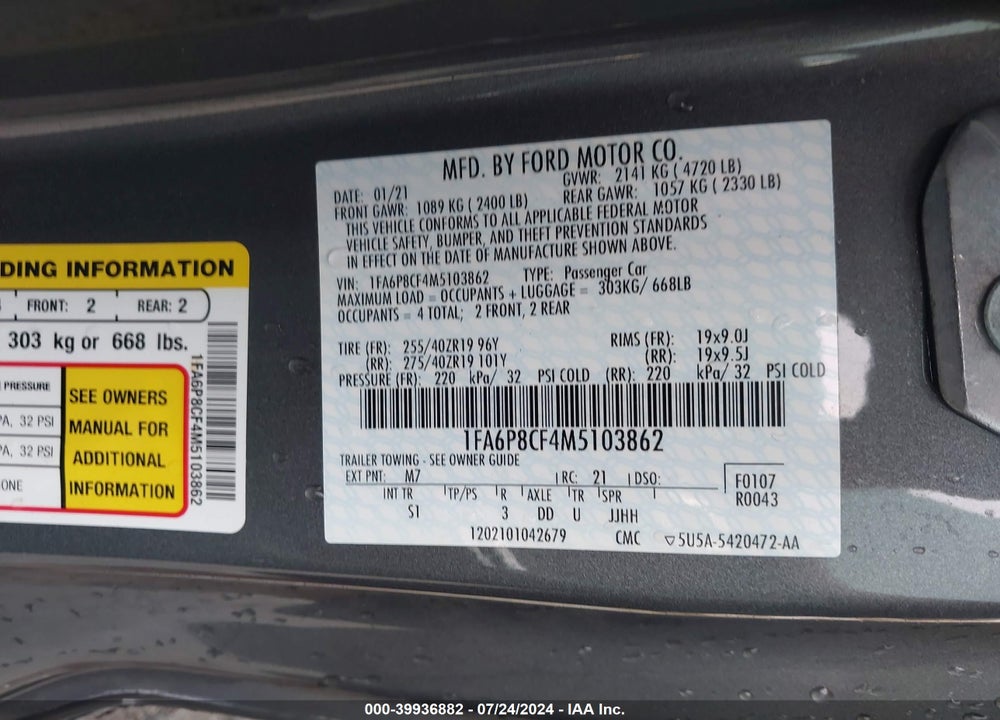 2021 FORD MUSTANG GT PREMIUM FASTBACK VIN: 1FA6P8CF4M5103862