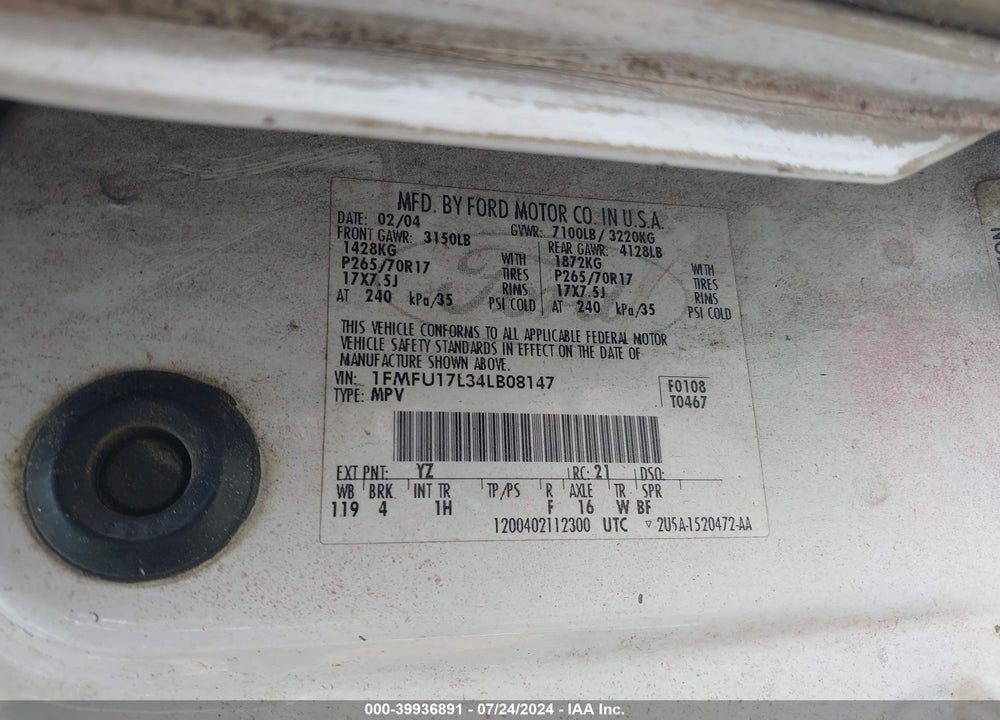2004 FORD EXPEDITION EDDIE BAUER VIN: 1FMFU17L34LB08147