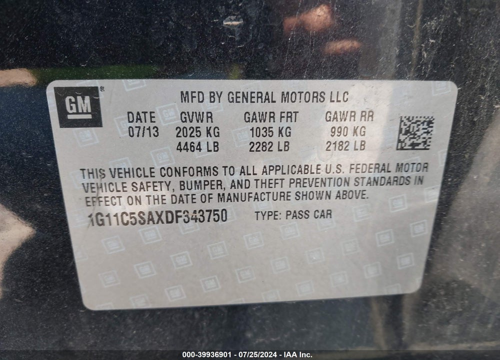 2013 CHEVROLET MALIBU 1LT VIN: 1G11C5SAXDF343750
