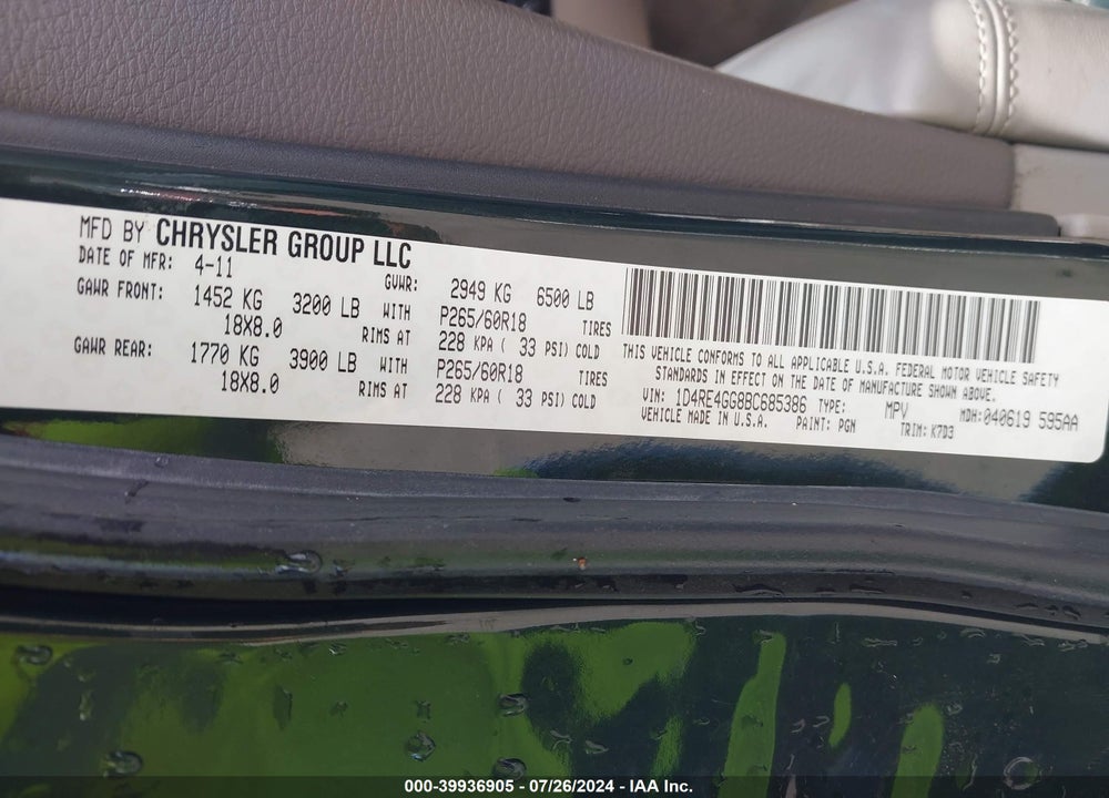2011 DODGE DURANGO CREW VIN: 1D4RE4GG8BC685386