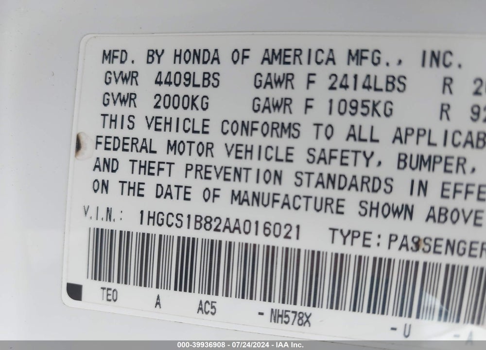 2010 HONDA ACCORD VIN: 1HGCS1B82AA016021