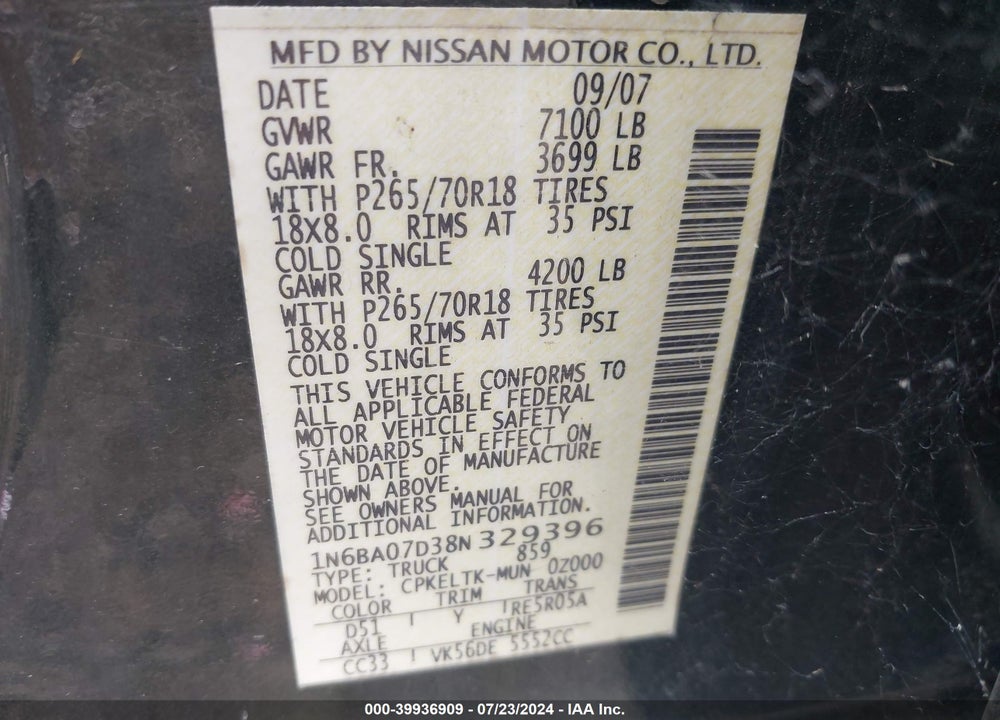 2008 NISSAN TITAN SE VIN: 1N6BA07D38N329396