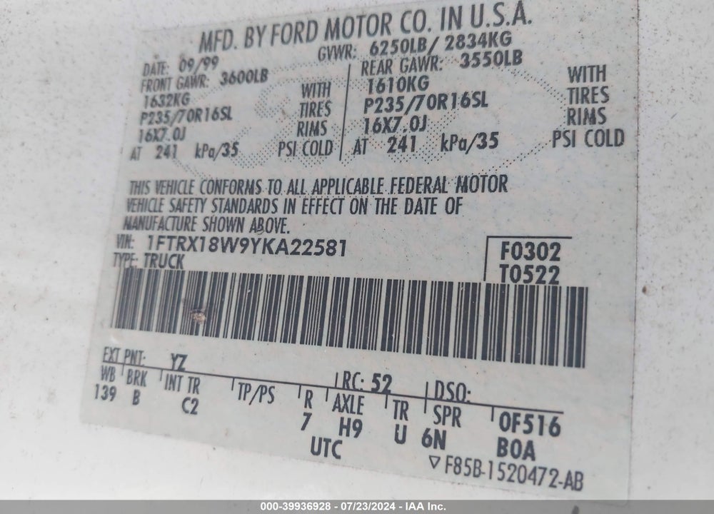 2000 FORD F-150 LARIAT/WORK SERIES/XL/XLT VIN: 1FTRX18W9YKA22581