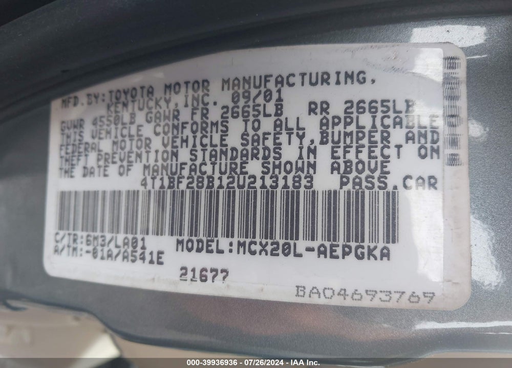 2002 TOYOTA AVALON XLS VIN: 4T1BF28B12U213183