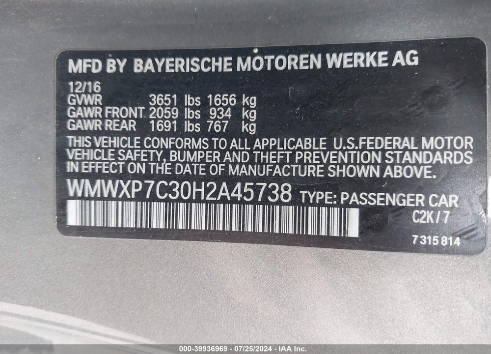 2017 MINI HARDTOP COOPER S VIN: WMWXP7C30H2A45738