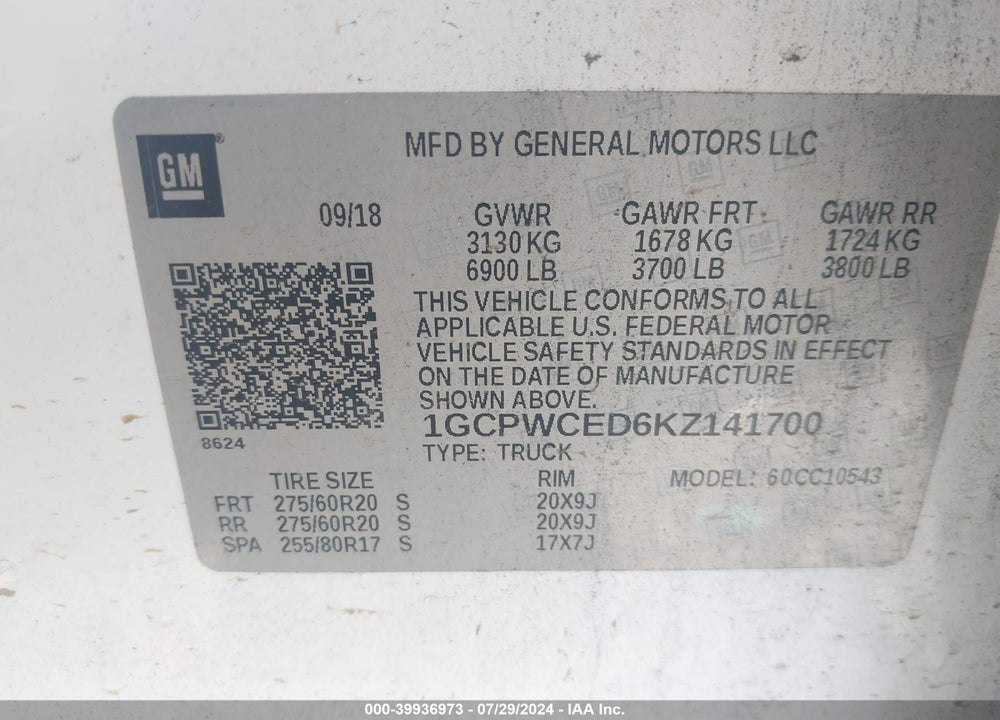 2019 CHEVROLET SILVERADO 1500 VIN: 1GCPWCED6KZ141700