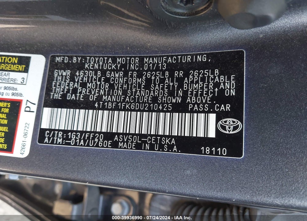 2013 TOYOTA CAMRY VIN: 4T1BF1FK6DU210425