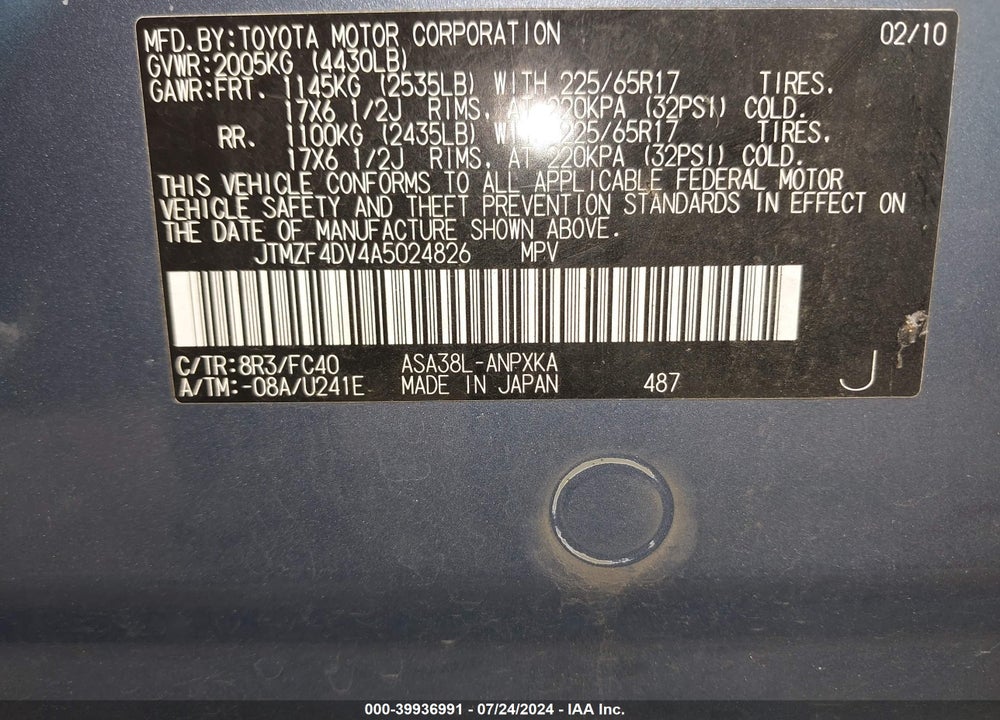 2010 TOYOTA RAV4 VIN: JTMZF4DV4A5024826