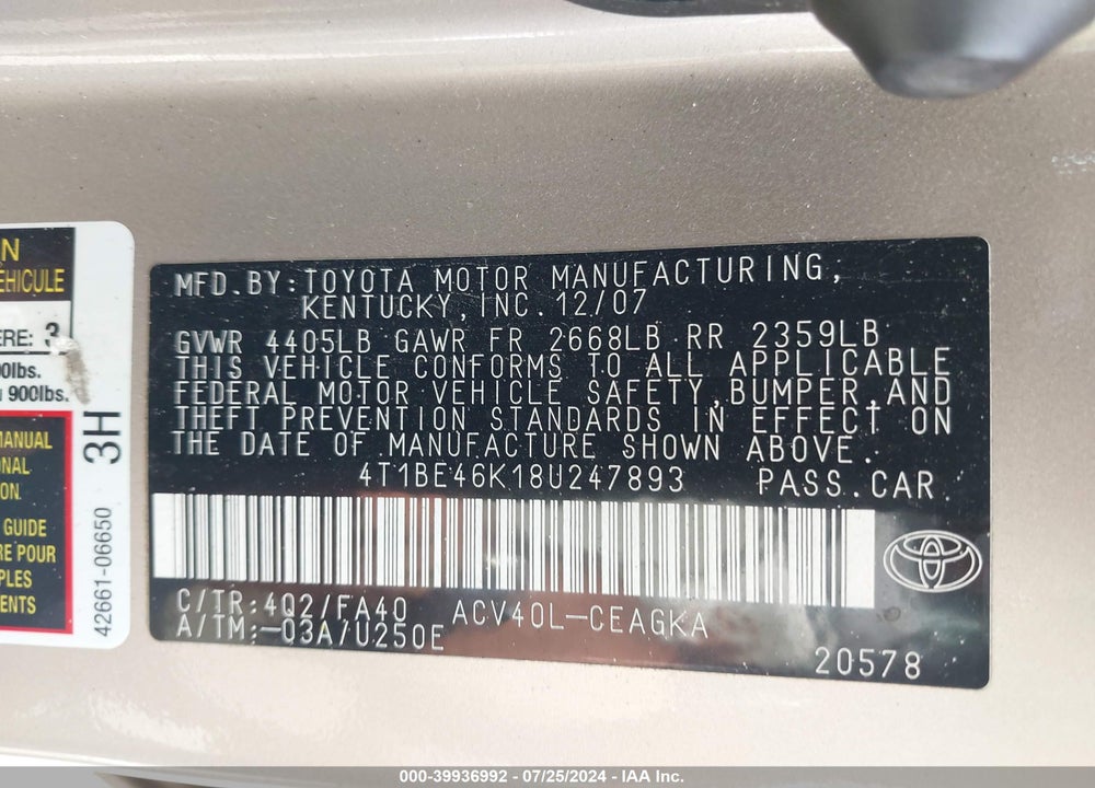 2008 TOYOTA CAMRY XLE VIN: 4T1BE46K18U247893