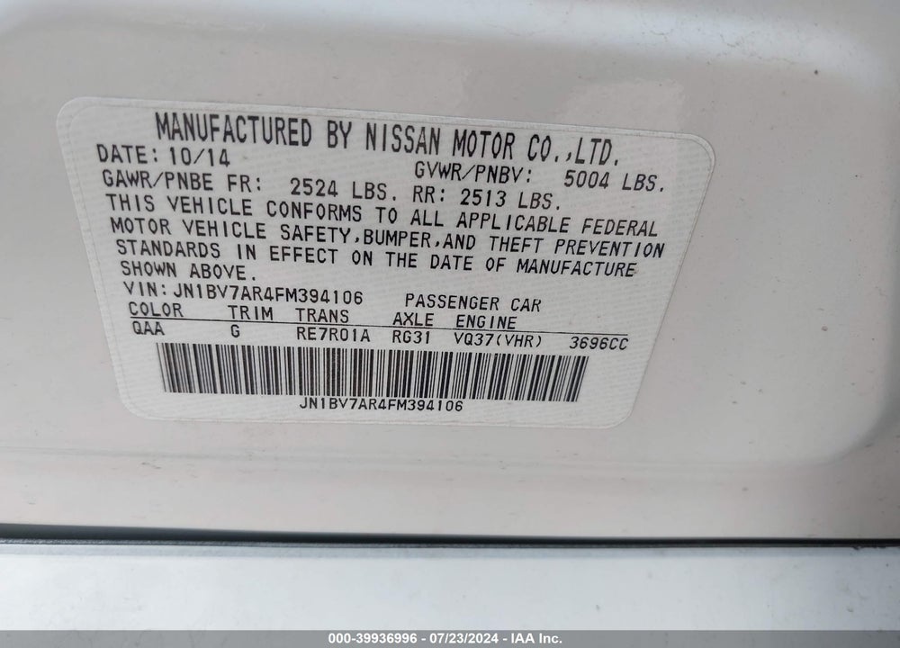 2015 INFINITI Q50 PREMIUM VIN: JN1BV7AR4FM394106