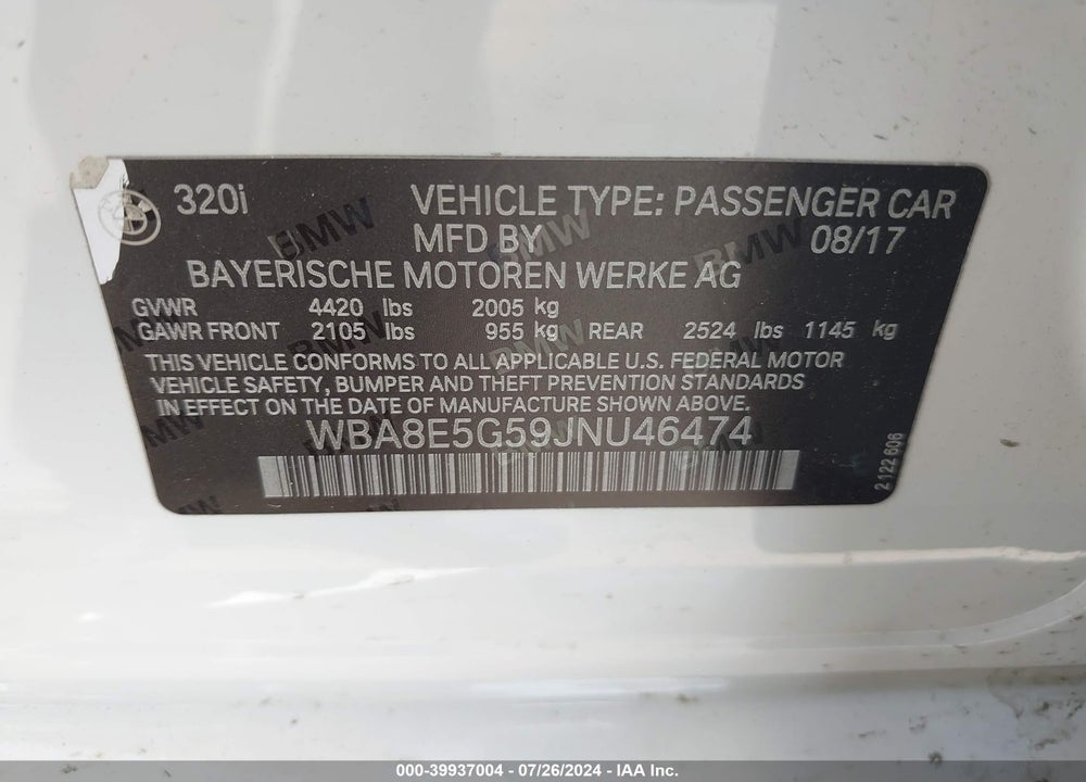 2018 BMW 320I XDRIVE VIN: WBA8E5G59JNU46474