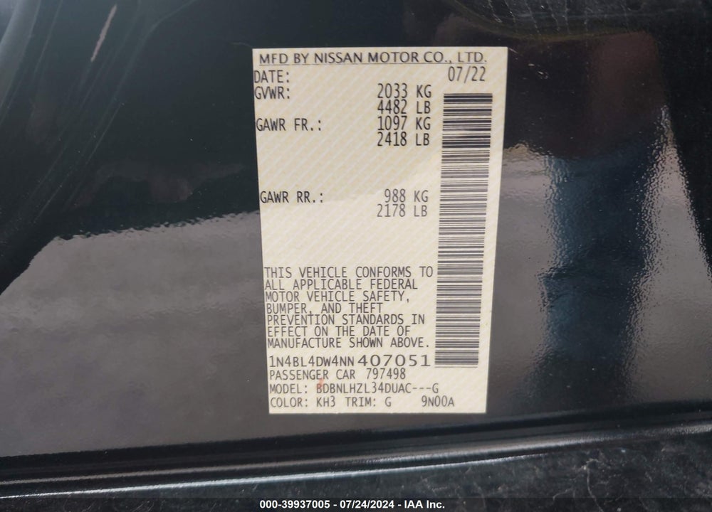 2022 NISSAN ALTIMA SV INTELLIGENT AWD VIN: 1N4BL4DW4NN407051