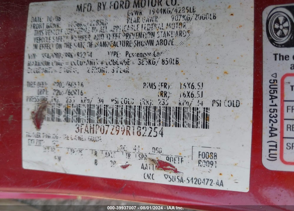 2009 FORD FUSION SE VIN: 3FAHP07Z99R182254