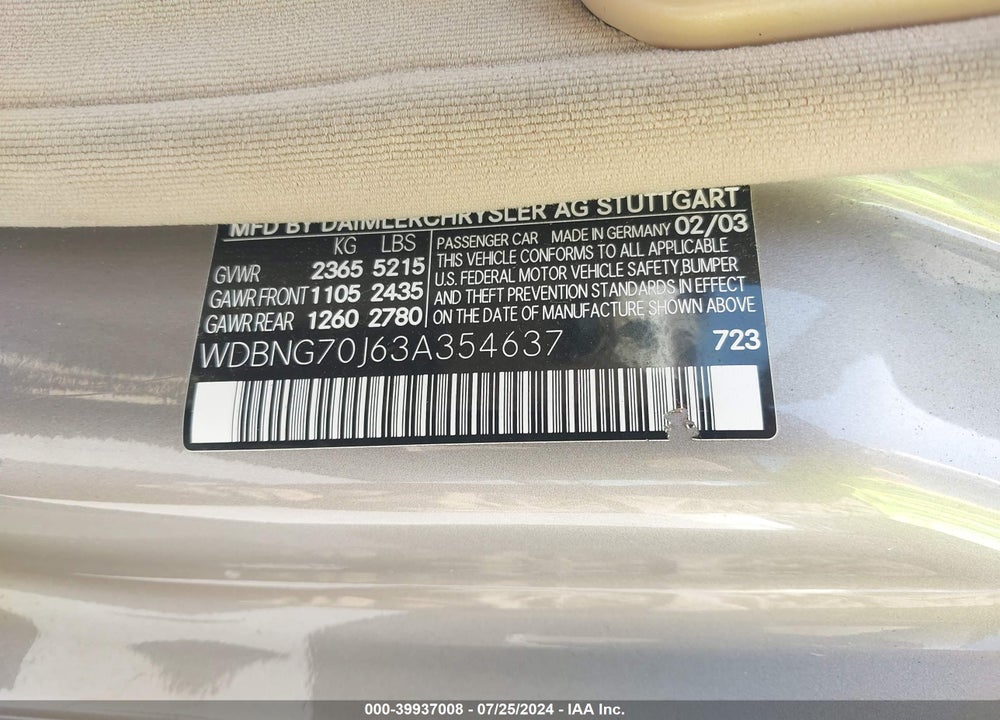 2003 MERCEDES-BENZ S 430 VIN: WDBNG70J63A354637