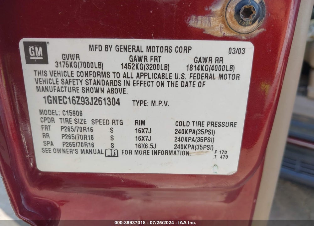 2003 CHEVROLET SUBURBAN 1500 LT VIN: 1GNEC16Z93J261304