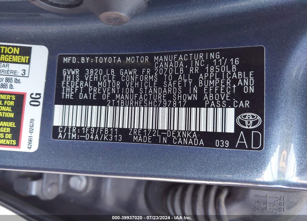 2017 TOYOTA COROLLA LE VIN: 2T1BURHE5HC797817