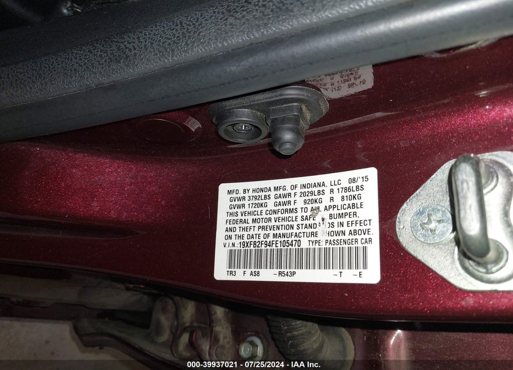 2015 HONDA CIVIC EX-L VIN: 19XFB2F94FE105470