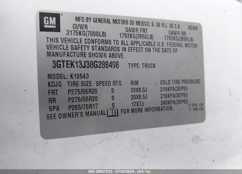 2008 GMC SIERRA 1500 SLT VIN: 3GTEK13J38G288498