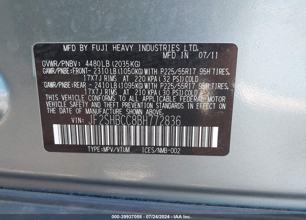 2011 SUBARU FORESTER 2.5X PREMIUM VIN: JF2SHBCC8BH772836
