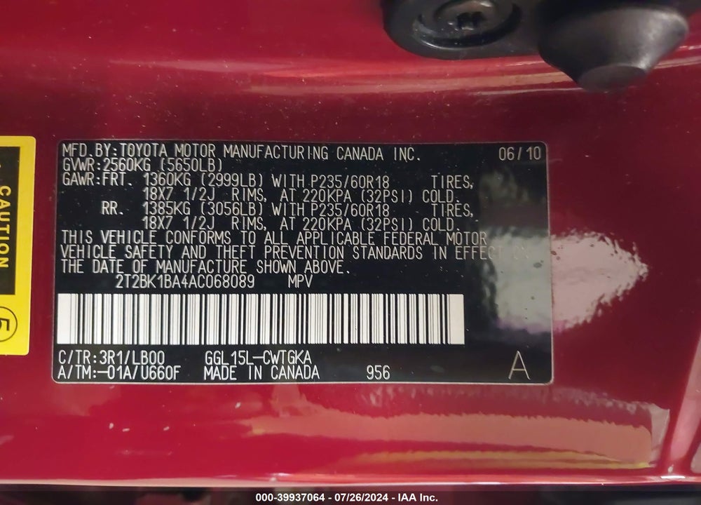 2010 LEXUS RX 350 VIN: 2T2BK1BA4AC068089