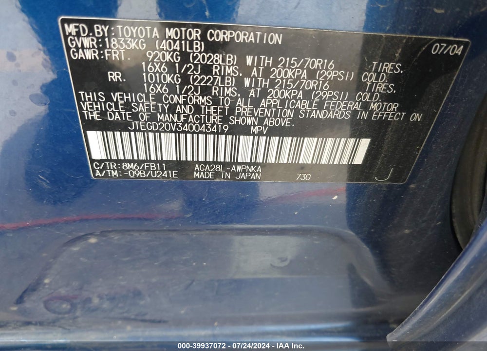 2004 TOYOTA RAV4 VIN: JTEGD20V340043419