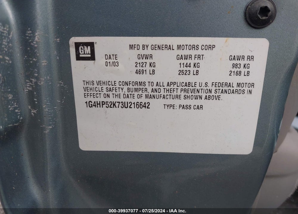 2003 BUICK LESABRE CUSTOM VIN: 1G4HP52K73U216642