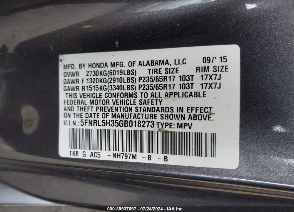 2016 HONDA ODYSSEY SE VIN: 5FNRL5H35GB018273