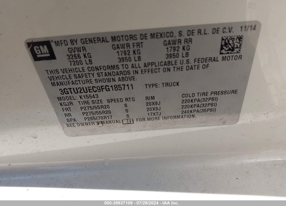 2015 GMC SIERRA 1500 SLE VIN: 3GTU2UEC9FG185711