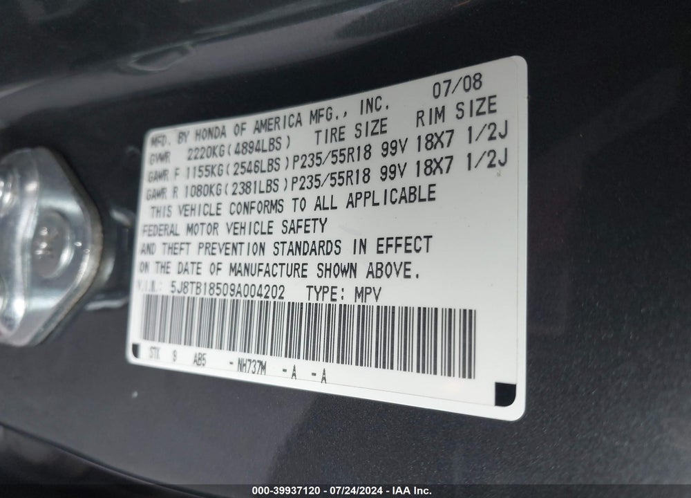 2009 ACURA RDX VIN: 5J8TB18509A004202