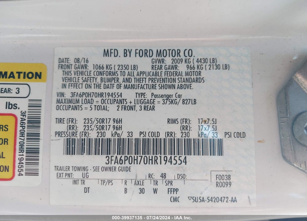 2017 FORD FUSION SE VIN: 3FA6P0H70HR194554