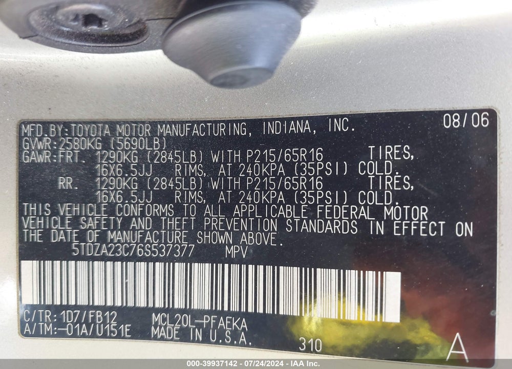 2006 TOYOTA SIENNA CE VIN: 5TDZA23C76S537377