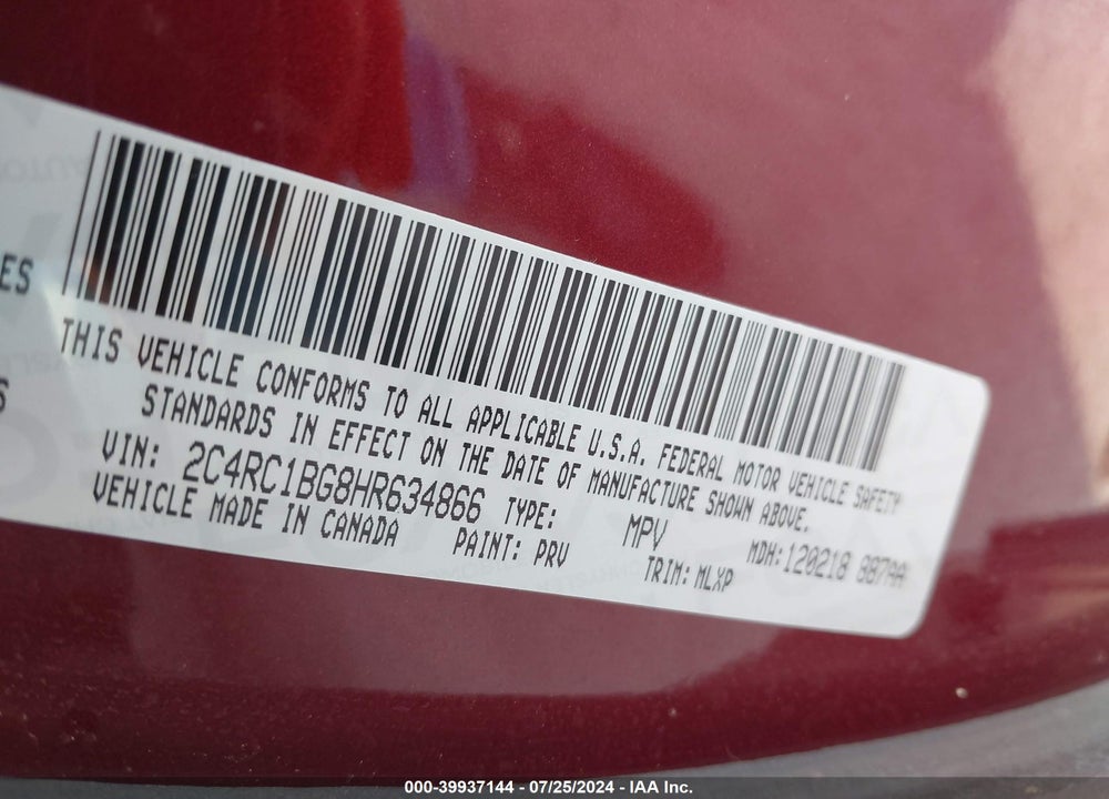 2017 CHRYSLER PACIFICA TOURING L VIN: 2C4RC1BG8HR634866