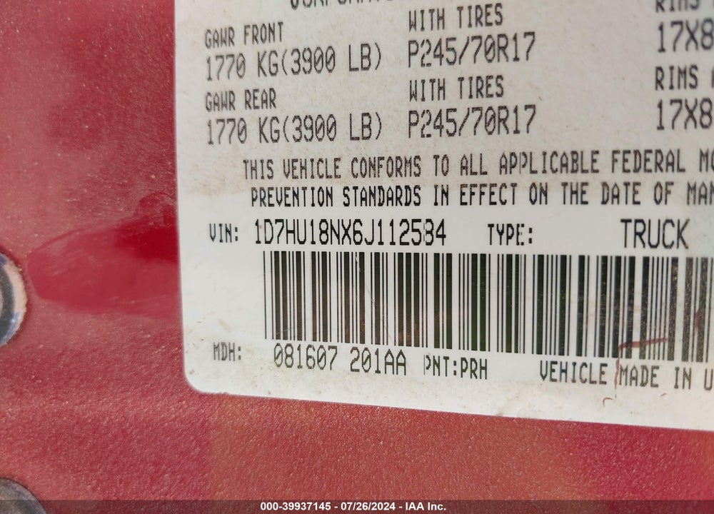2006 DODGE RAM 1500 SLT/TRX4 OFF ROAD/SPORT VIN: 1D7HU18NX6J112584
