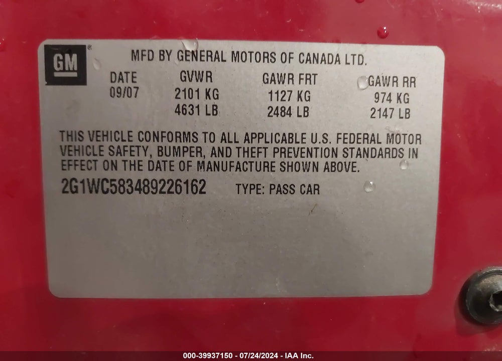 2008 CHEVROLET IMPALA LT VIN: 2G1WC583489226162