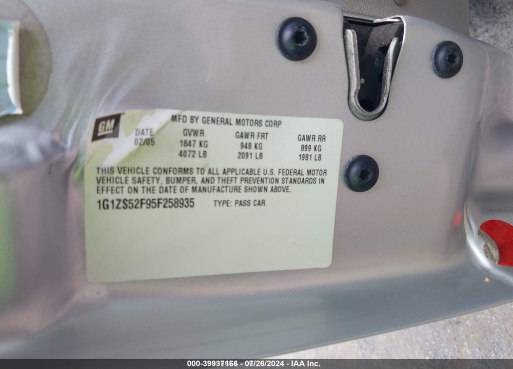 2005 CHEVROLET MALIBU VIN: 1G1ZS52F95F258935