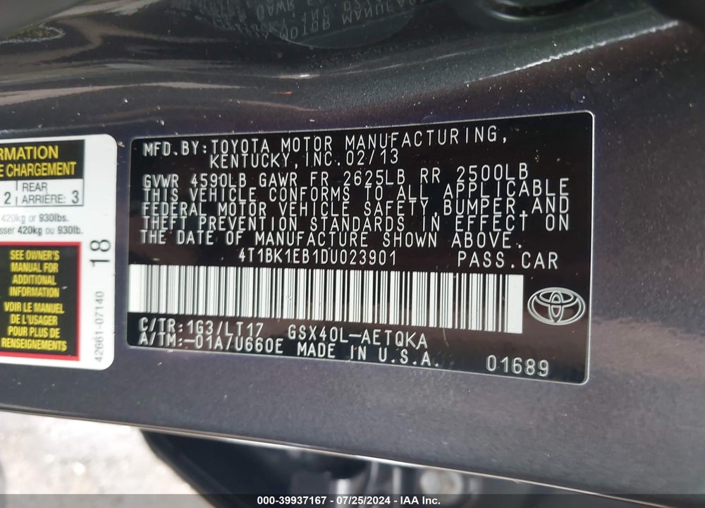 2013 TOYOTA AVALON XLE TOURING VIN: 4T1BK1EB1DU023901