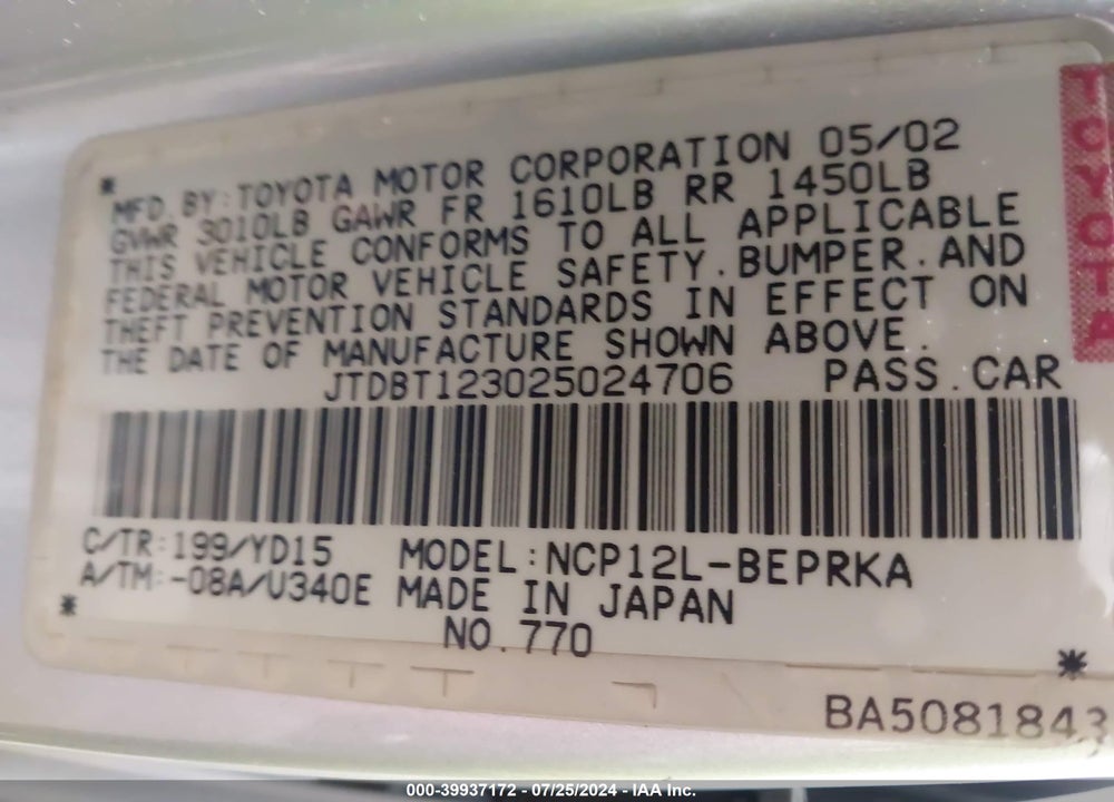 2002 TOYOTA ECHO VIN: JTDBT123025024706