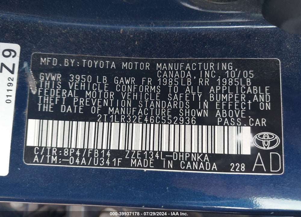 2006 TOYOTA MATRIX/XR VIN: 2T1LR32E46C552936
