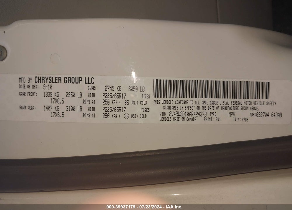 2010 VOLKSWAGEN ROUTAN SE VIN: 2V4RW3D10AR424379