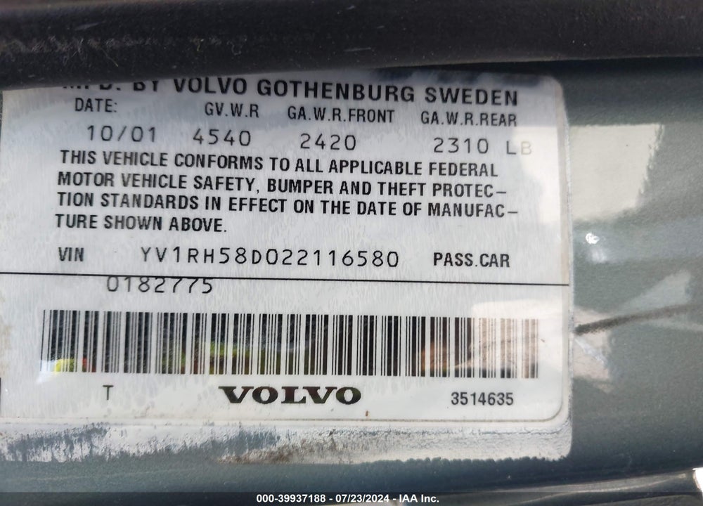 2002 VOLVO S60 AWD VIN: YV1RH58D022116580
