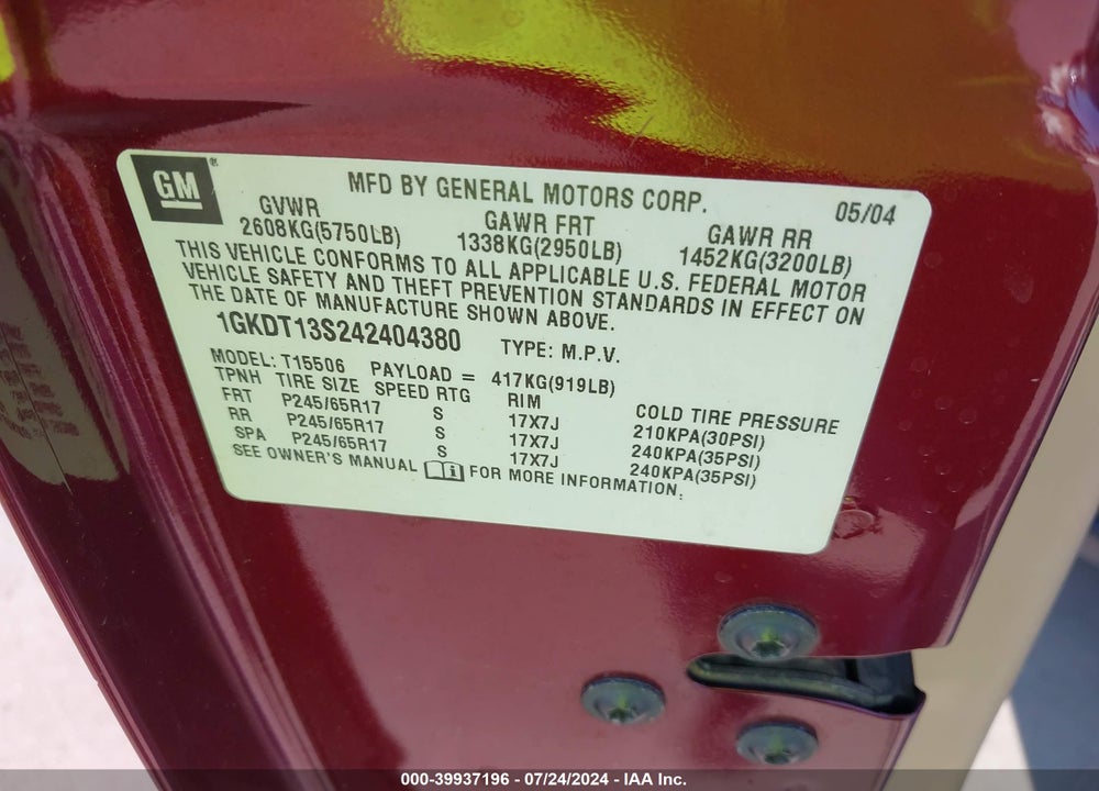 2004 GMC ENVOY SLT VIN: 1GKDT13S242404380