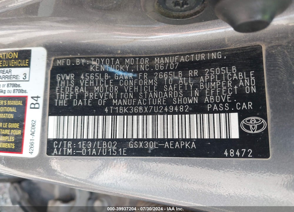 2007 TOYOTA AVALON LIMITED VIN: 4T1BK36BX7U249482