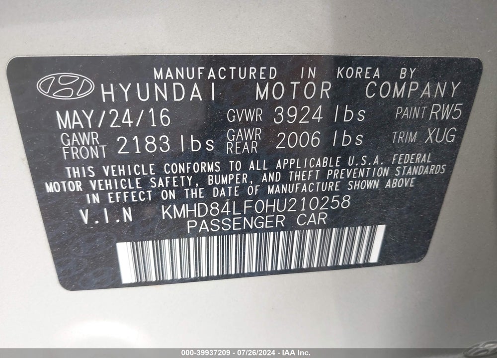 2017 HYUNDAI ELANTRA SE VIN: KMHD84LF0HU210258