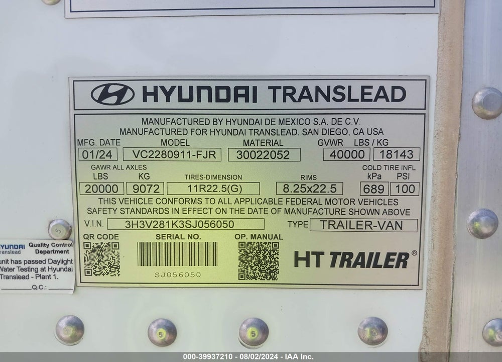 2025 HYUNDAI TRANSLEAD INC VAN TRAILER VIN: 3H3V281K3SJ056050