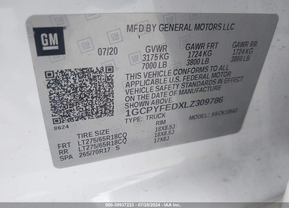 2020 CHEVROLET SILVERADO 1500 4WD SHORT BED LT TRAIL BOSS VIN: 1GCPYFEDXLZ309786