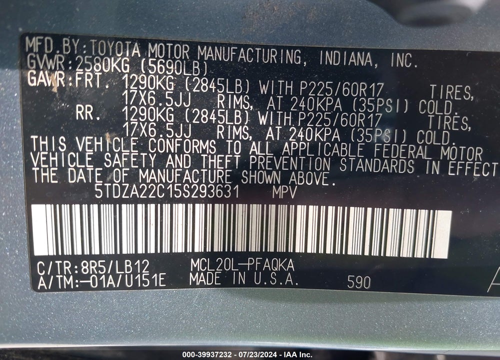 2005 TOYOTA SIENNA XLE LIMITED VIN: 5TDZA22C15S293631